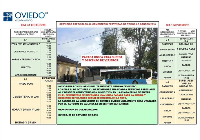 Servicos esepciales de bus por el día de Todos los Santos.