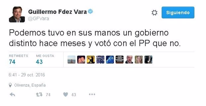 Mensaje en Twitter de Guillermo Fernández Vara