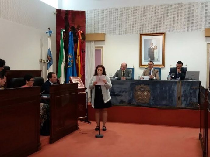 Ruth Ortiz lee una declaración institucional en el pleno de Diputación de Huelva