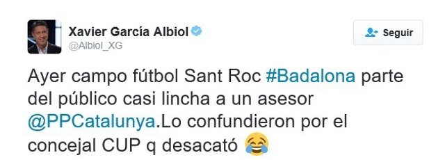 Apunte de Twitter de Xavier García Albiol (PP)