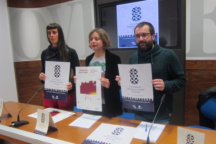 Ana Taboada, Huerta y Caunedo presentando  'II Jornadas de Patrimonio Cultural'.