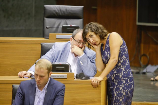 Laura Pérez, José Miguel Nuin y Jokin Castiella en el Parlamento de Navarra.