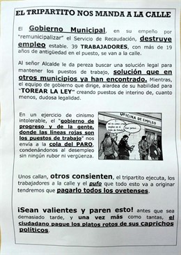 Folleto distribuido por trabajadores de Auxiliar de recaudación