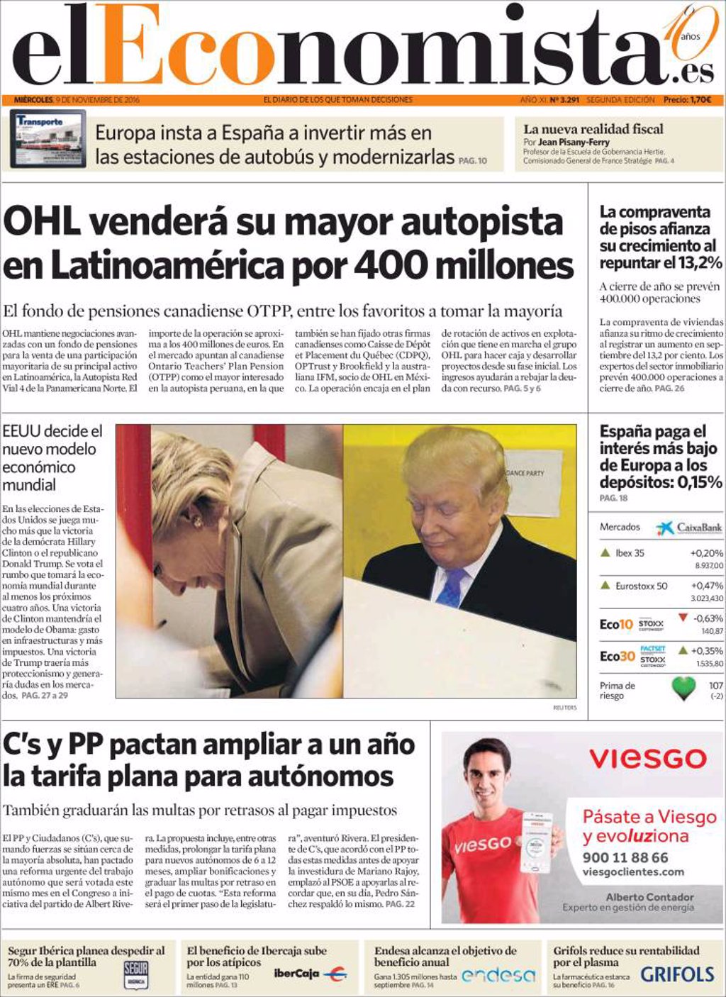 Las portadas de los periódicos económicos de hoy, miércoles 9 de noviembre