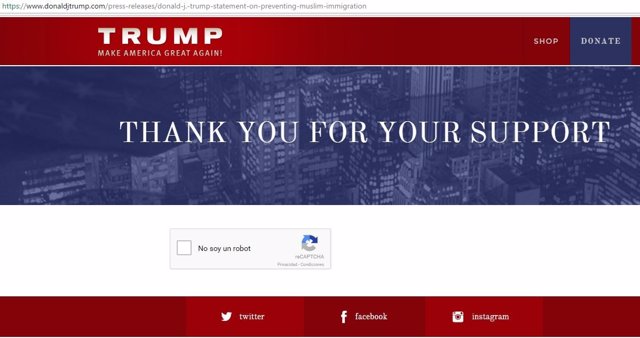 Captura de pantalla de la web de campaña de Donald Trump