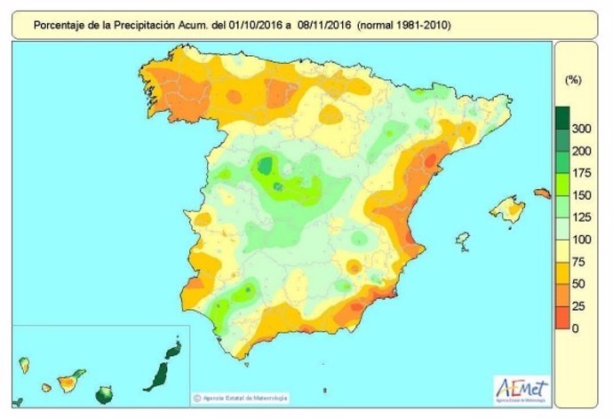 Mapa de distribución de precipitaciones en España del 1-10 al 8-11 de 2016