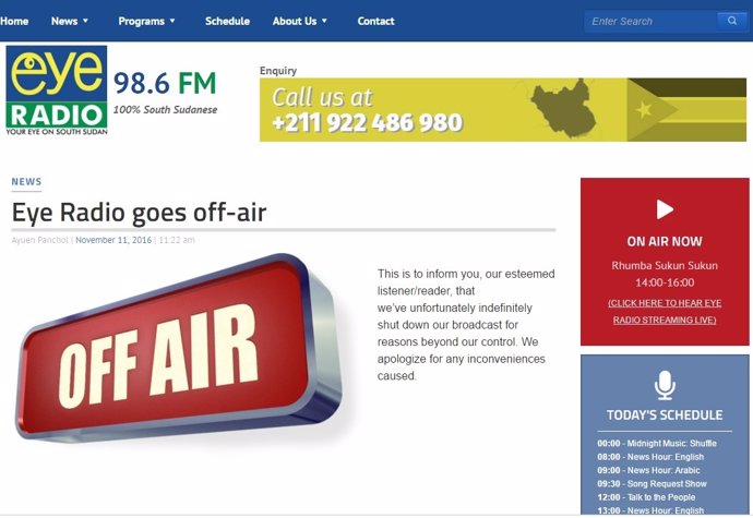 Anuncio del cierre de Eye Radio en su página web.