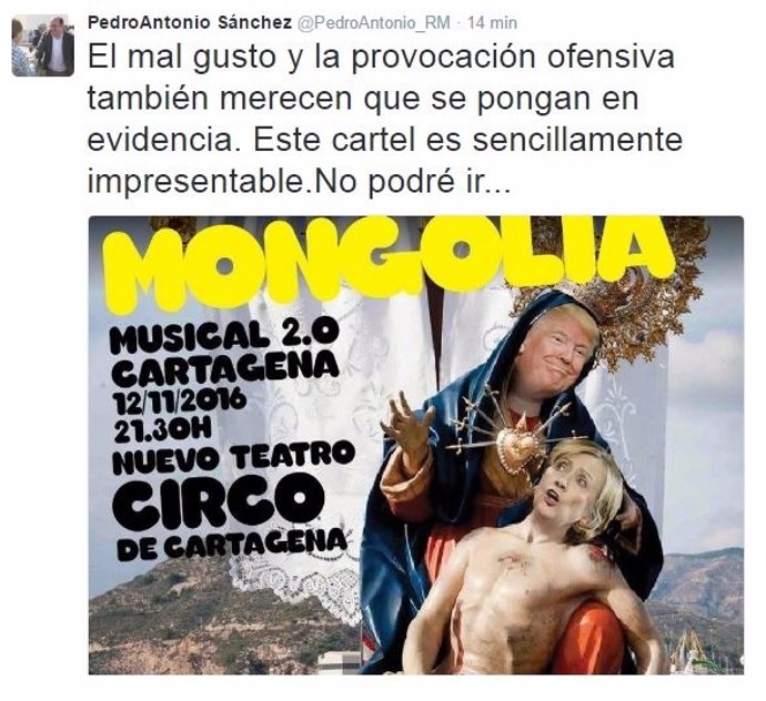 Tuit del presidente murciano, Pedro Antonio Sánchez, criticando el cartel 