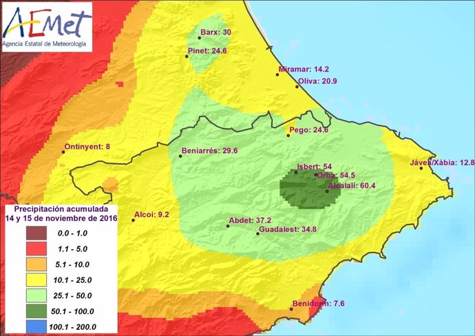 Lluvias acumuladas en las últimas horas