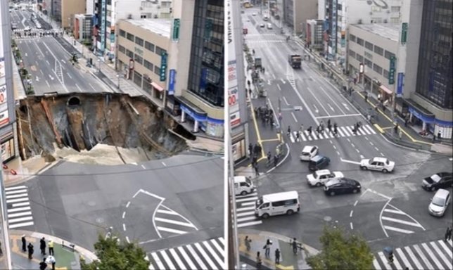 Japón repara un enorme socavón de Fukuoka en solo 48 horas