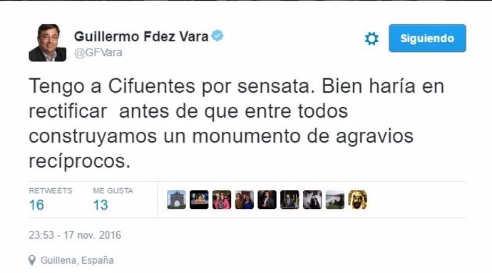 Tuit de Fernández Vara pidiendo a Cifuentes que rectifique