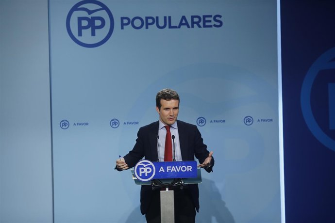 Rueda de prensa de Pablo Casado en la sede del PP