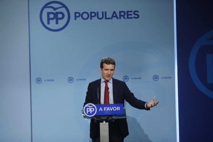 Rueda de prensa de Pablo Casado en la sede del PP