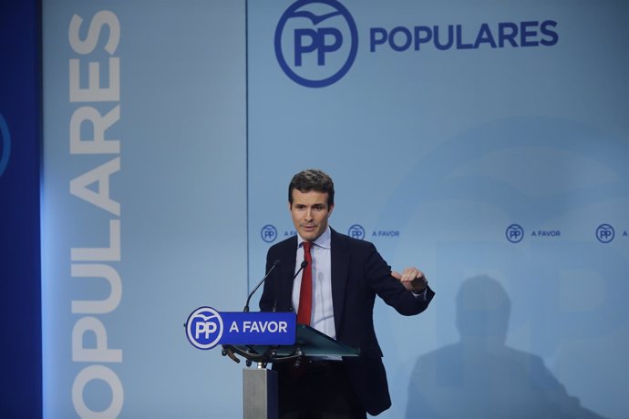 Rueda de prensa de Pablo Casado en la sede del PP