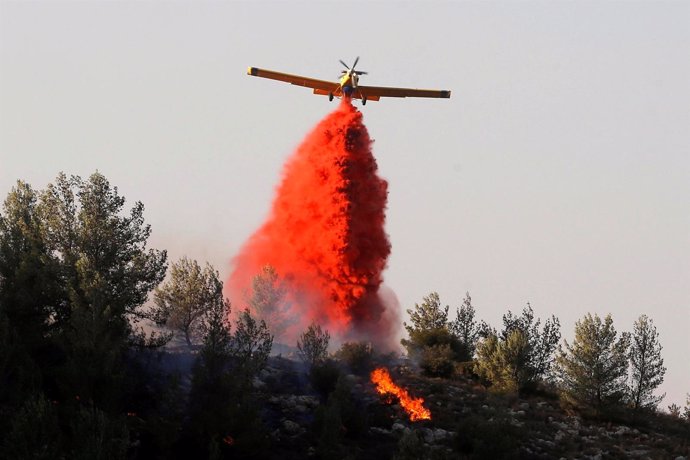 Un avión lanza material retardante de fuego cerca de Haifa, Israel
