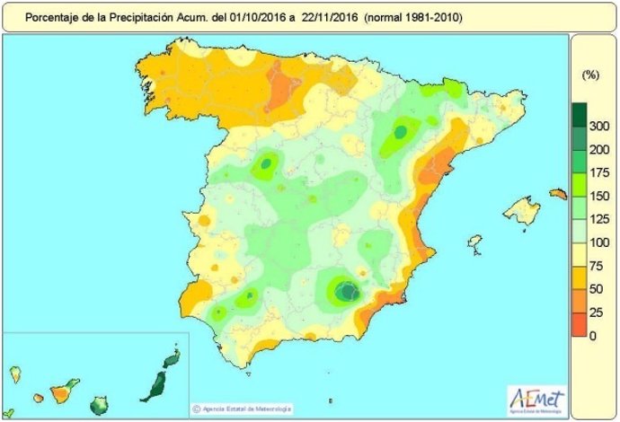 Distribución de las lluvias en España hasta el 22 de noviembre