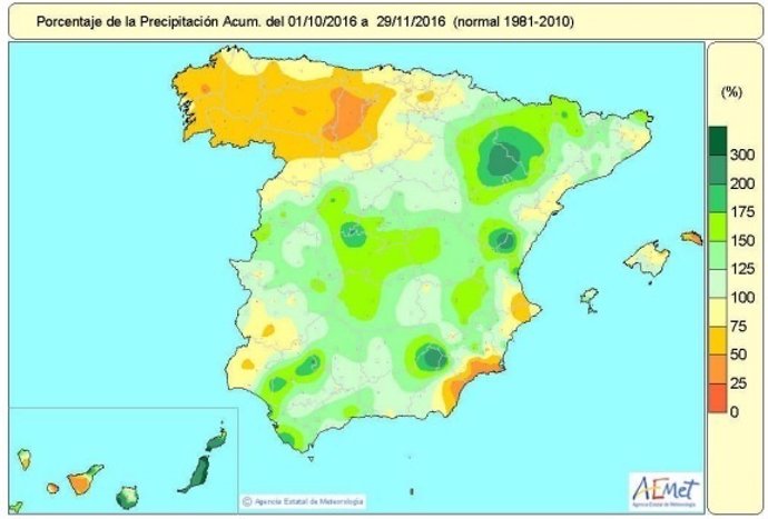 Distribución de las lluvias acumuladas en España hasta el 29 de noviembre