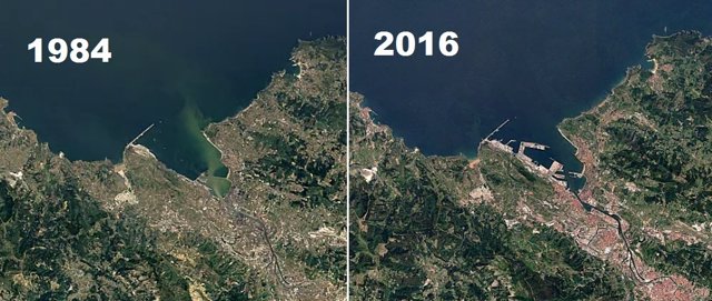 Imagen satélite de Bilbao en 1984 y 2016