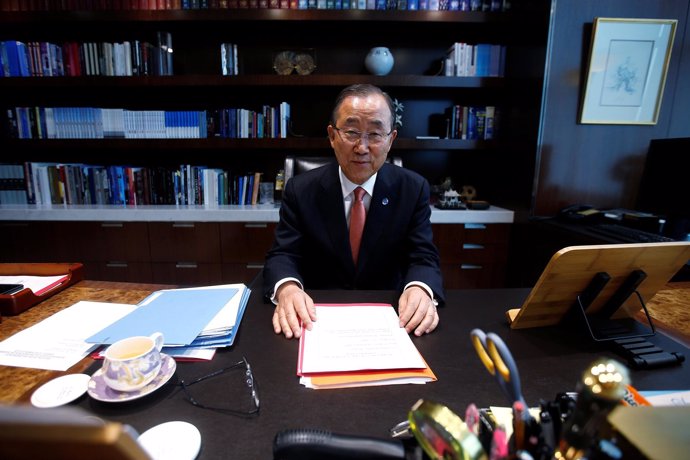 El secretario general de la ONU, Ban Ki Moon, en su despacho