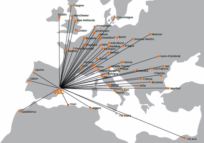 Mapa de las rutas aéreas internacionales desde Valencia 