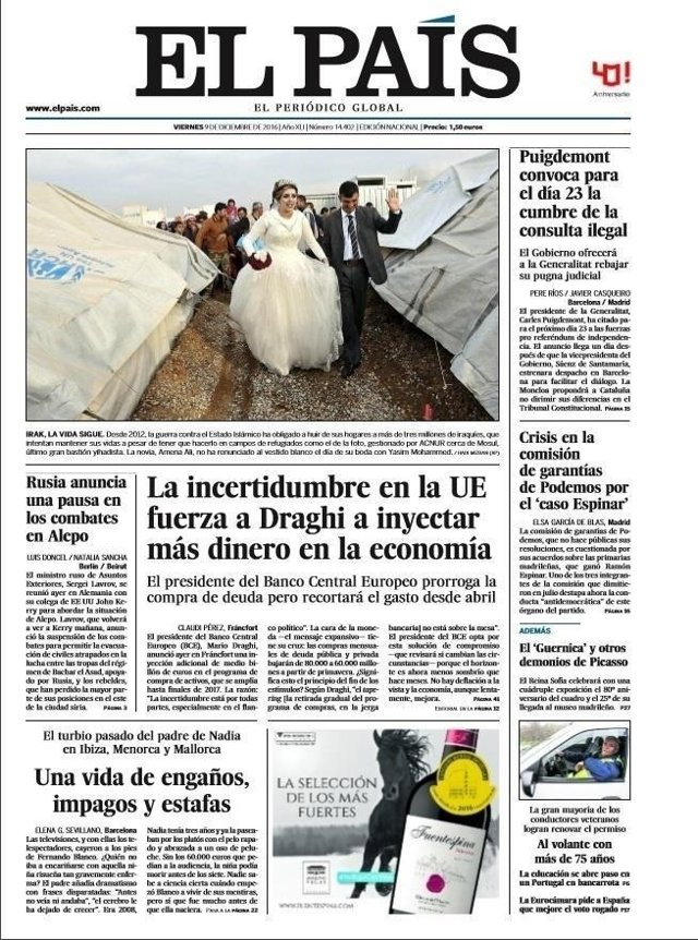 Portada de El País del 9 de diciembre