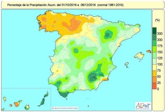 Distribución de las lluvias acumuladas desde octubre al 9 de diciembre de 2016