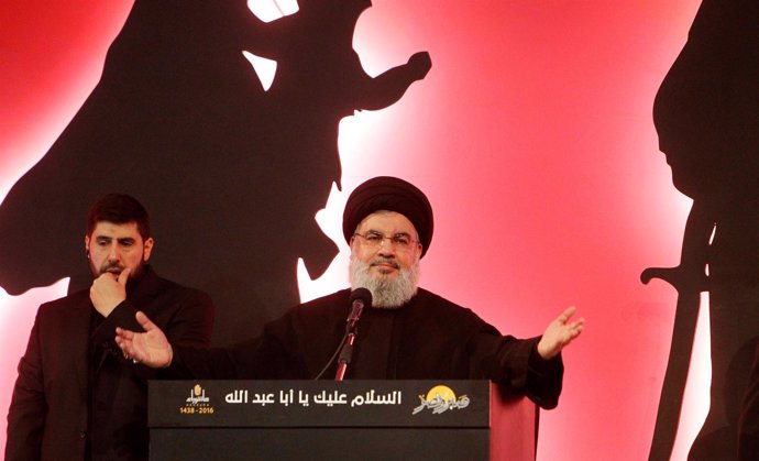 El líder de Hezbolá, Hasán Nasralá, habla ante sus seguidores