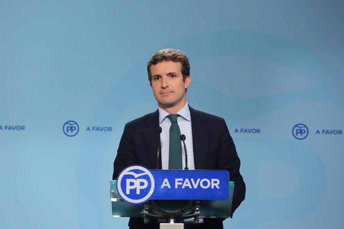 Rueda de prensa de Pablo Casado en la sede del PP