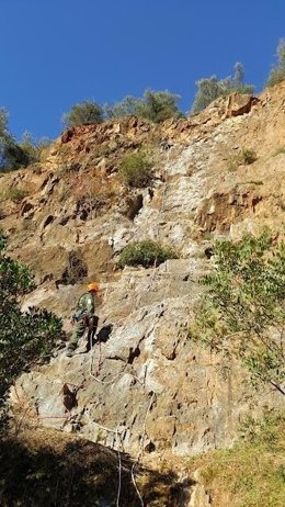 Un agente de Medio Ambiente retirando vías de escalada