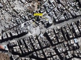 Imagen vía satélite de zonas bombardeadas por el régimen sirio en Alepo.