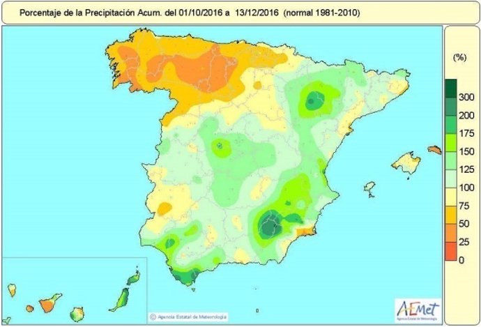 Mapa de precipitaciones acumuladas en España hasta el 13 de diciembre 2015
