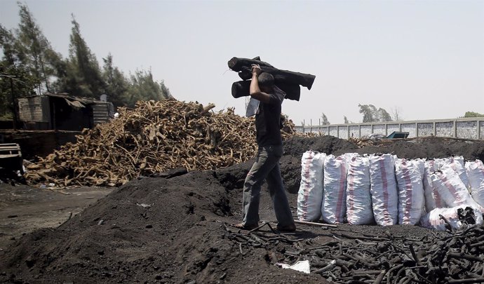 Un trabajador de una fábrica de carbón en Egipto.