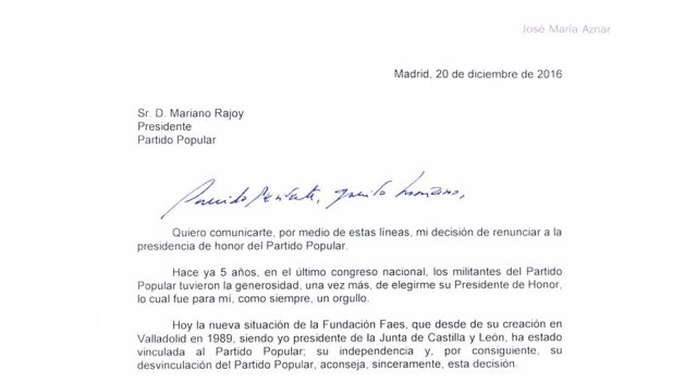 Carta de José María Aznar a Mariano Rajoy comunicando su renuncia