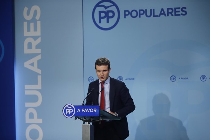 Rueda de prensa de Pablo Casado en la sede del PP