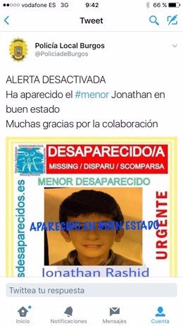 Cartel del niño de Lerma que ha sido encontrado en buen estado