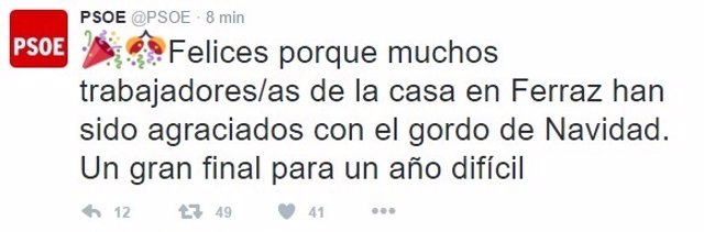 Tuit del PSOE anunciando que sus trabajadores les ha tocado el premio Gordo