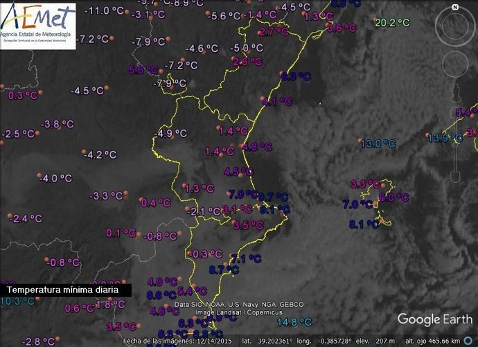 Mapa de temperaturas en la madrigada en la Comunitat
