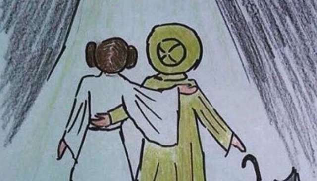 Dibujo de la Princesa Leia y el personaje de Reynolds en Cantando bajo la lluvia