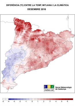Mapa de temperaturas en Catalunya en diciembre de 2016