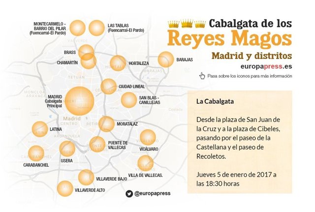 Mapa de la cabalgata de Reyes 2017 en Madrid.