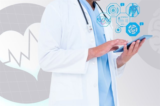 Composite image of doctor using digital tablet