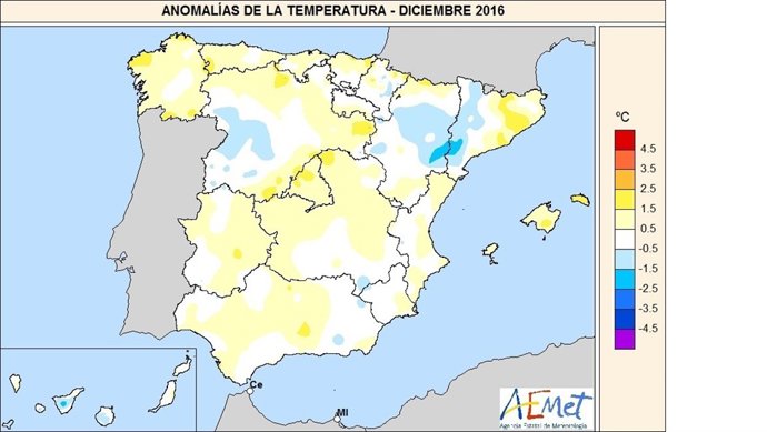 Anomalías de temperatura del mes de diciembre