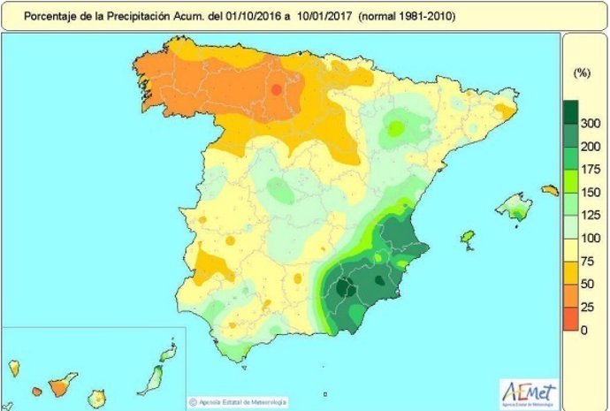 Mapa de lluvias acumuladas en España del 1-X-16 a 10-I-17
