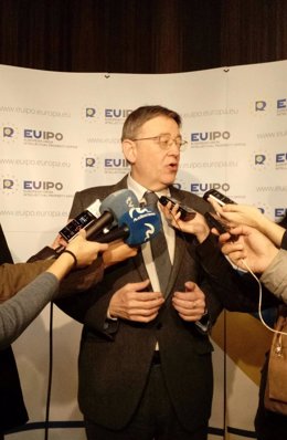 Ximo Puig en atención a los medios este viernes en la EUIPO