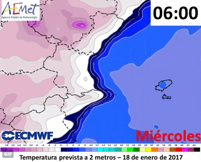 Temperaturas previstas en la madrugada del miércoles
