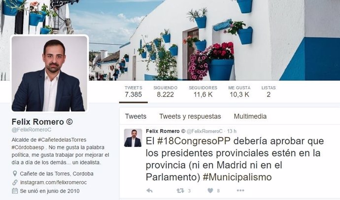 Imágen del 'Twitter' de Félix Romero con su mensaje sobre el 18 Congreso del PP