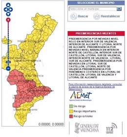 Mapa de avisos por nieve en la Comunitat Valenciana