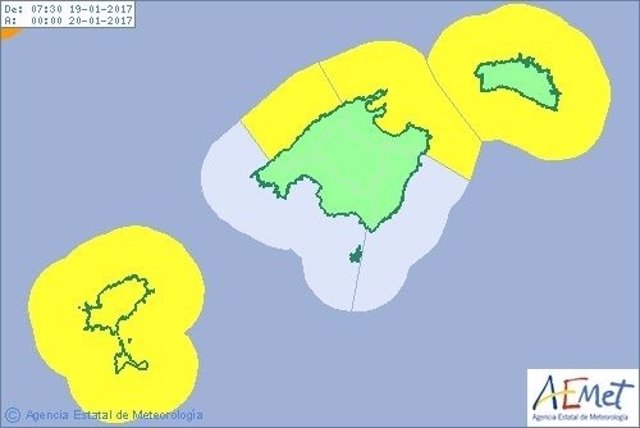 Aviso amarillo por viento en Baleares este jueves