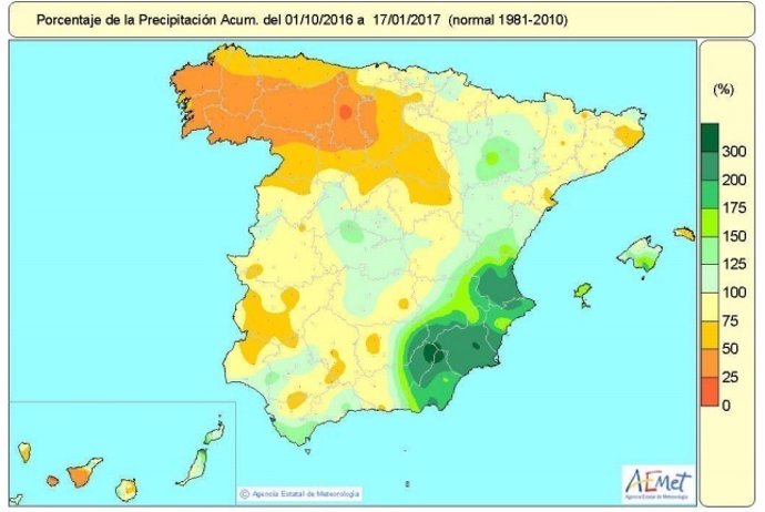 Distribución de las precipitaciones en España desde octubre de 2016