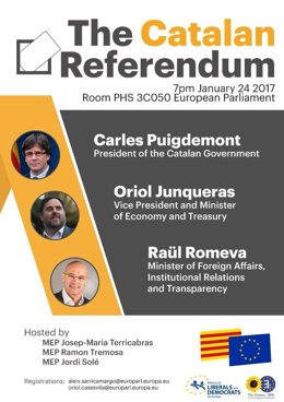 Cartel del acto de C.Puigdemont,O.Junqueras y R.Romeva en la Eurocámara